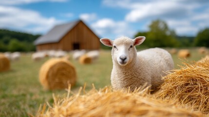 Obraz premium A sheep stands near hay bales in a sunny farm setting with a barn in the background.