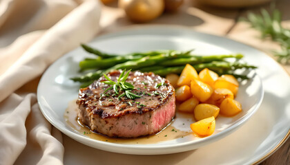 Perfektes Rinderfilet mit Kräuterkruste und Beilagen auf elegantem Teller