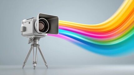 Camera on tripod with colorful light trails