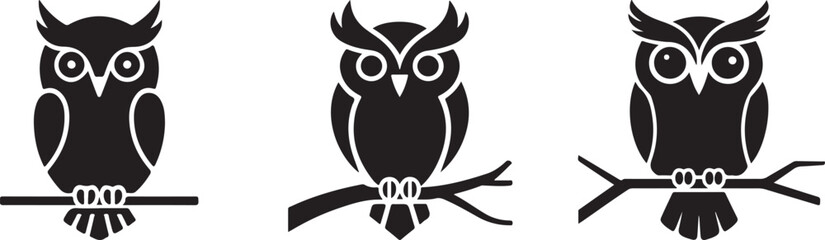 Obraz premium Set of Simple Black Owl Silhouettes for Minimalist Icons, Wildlife Clipart, and Nature Graphics