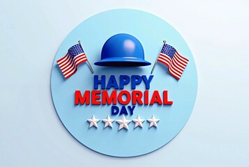 Patriotic Memorial Day Design with Military Helmet, American Flags, and Five White Stars on a Light Blue Background  
