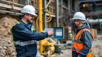 Senior miner supervisor holding and hand over isolation safety control lock box permit to work board to workmate during shift changing on two weeks shut down operation construction site Perth