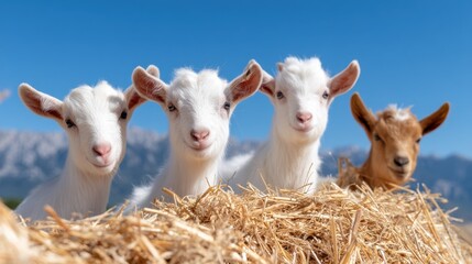 Fototapeta premium Four cute goats standing together near hay under a bright blue sky.