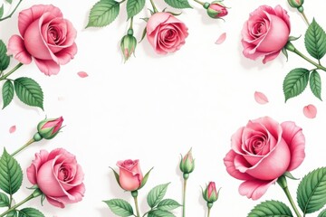 Delicate watercolor rose buds & leaves repeat, pink, background
