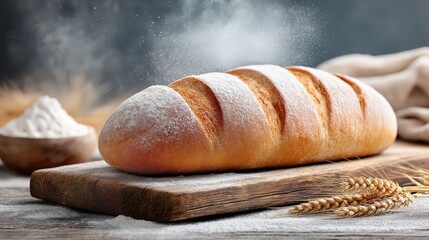 Freshly - baked bread on a wooden board with flour and wheat ears
