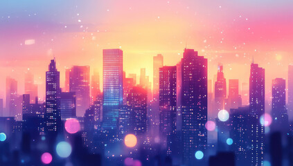 Obraz premium A stylized cityscape at sunset, bathed in warm pinks and oranges, cool blues and purples, with bokeh lights suggesting a twilight atmosphere, and a hazy, dreamlike quality to the skyline