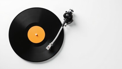 Single turntable, vinyl record, and headphones on white backdrop , music, record