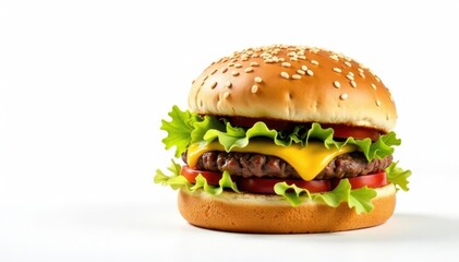 Isolated hamburger on white, sesame seeds visible, lettuce, food, white background