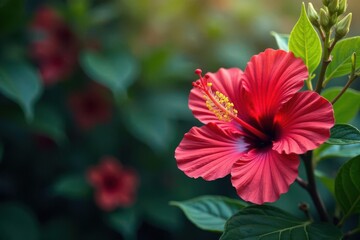 Intricate hibiscus blooms, vibrant colors, lush leaves , yellow, pink