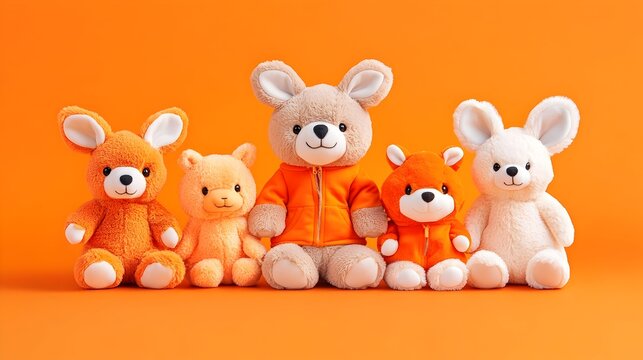 Five plush animal toys, varying in size and color, arranged in a row against a vibrant orange background.  They appear friendly and cuddly, possibly part of a family