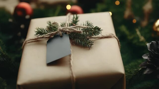 Gift wrapped in eco-friendly kraft paper and twine, with blank black tag, surrounded by rustic holiday decor, symbolizing sustainable giving, handmade charm, and cozy festive spirit.mock up,