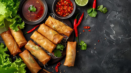 Peking Duck Spring Rolls: crispy rolls filled with duck, vermicelli, and veggies, served with chili sauce