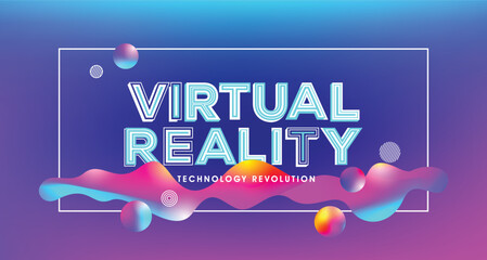 Virtual reality concept in holographic fluid composition in modern typography. Design for event, banner, poster and graphics.
