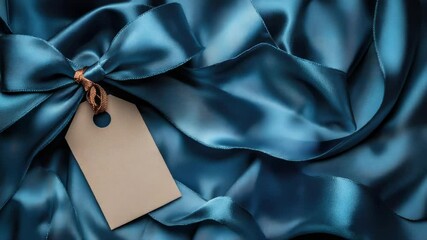 Elegant blank gift tag tied with blue silk ribbon on luxurious fabric background, copy space for text, celebration or branding concept.mock up, banner,empty