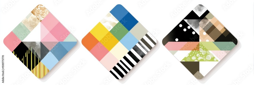 Poster geometric sticker designs showcased in diagonal arrangement with open space in upper third