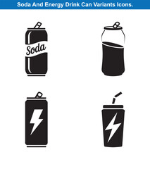Four Soda And Energy Drink Can Vector Silhouette Icon Set