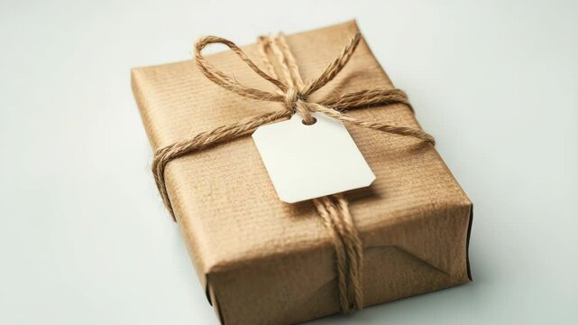 Eco-style gift wrapped in brown craft paper with rustic jute string and blank white tag, symbolizing natural simplicity, sustainable gifting, and handmade holiday charm.mock up, banner,