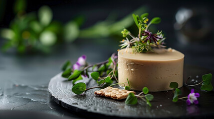 Foie Gras Mousse: Airy Texture with Edible Flowers, Microgreens, and Delicate Crackers on Sleek Black Backdrop for Sophisticated Culinary Promotions