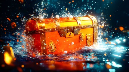 Ornate red treasure chest emerges from dark water, splashing and glittering with light