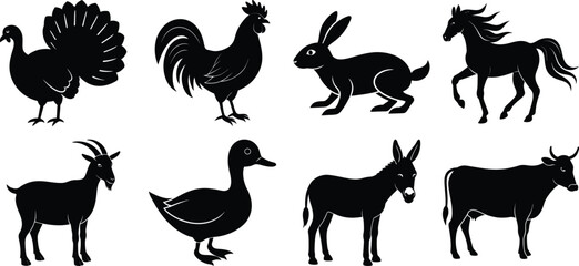Farm Animal Silhouette Vector Bundle – Goat, Cow, Donkey, Horse, Rooster, Duck, Rabbit, and Turkey