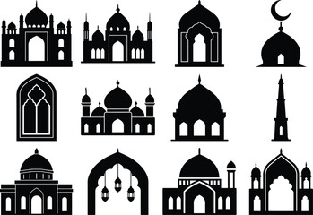 Islamic Architecture Silhouette Vector Bundle – Mosque, Dome, Minaret, Arch, and Lantern Designs