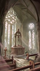 Fototapeta premium Abandoned Gothic Church Interior with Stained Glass and Altar, Nature Reclaiming Historical Site in Mystical Medieval Architectural Ruins, Tranquil Spiritual Journey in Ethereal Light and Shadow.