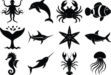 Sea Animal Silhouette Vector Bundle – Dolphin, Shark, Crab, Octopus, Seahorse, Jellyfish, Starfish, and More