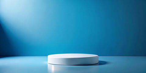Minimalist white podium on a blue background product showcase stage
