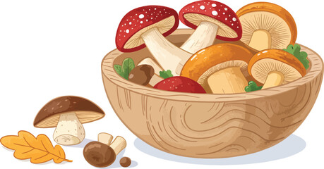 Mushroom in Wooden Bowl White Background Vector Illustration