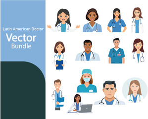 Diverse latin american doctors vector illustrations bundle