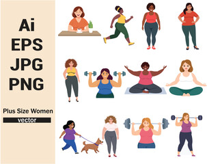 Diverse plus size women exercising yoga walking weightlifting