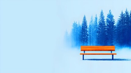 Obraz premium A solitary wooden bench sits on snow, facing a misty blue pine forest on a pale blue background