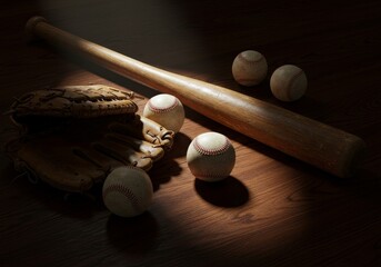Photo of Baseball Bat Balls and Glove on Leather Surface with Dramatic Lighting
