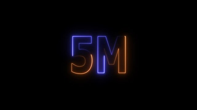5 Millions Glowing neon line Letter Icon Animation. 5M followers and subscribers on black background 4K Video.