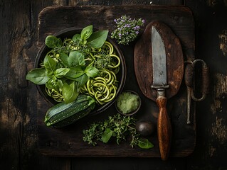 A healthy meal of spiralized zucchini noodles tossed with fresh, aromatic herbs.