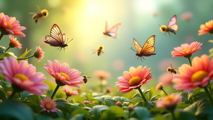 Stunning High-Resolution 3D Render of Butterflies and Bees Amongst Pink Flowers in a Sunny Meadow