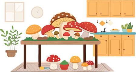 Delicious Mushroom on Kitchen Table A Vibrant Vector Illustration