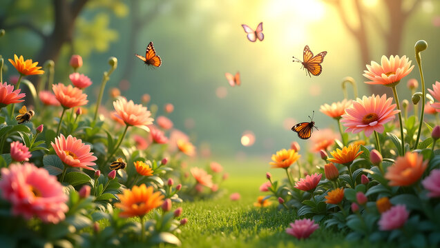 Vibrant Spring Meadow Stunning 3D Render of Butterflies and Flowers