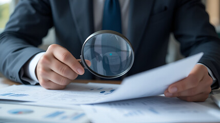 Man inspecting paperwork with magnifier. A business analysis concept.