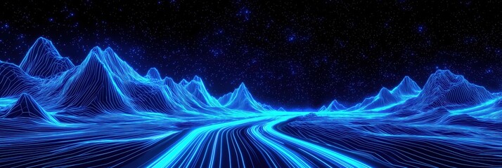 Digital landscape with blue - hued wireframe terrain