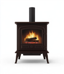 A dark brown wood-burning stove with a visible fire, set on four small legs, features a black chimney pipe and a small door