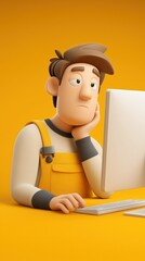 3D - rendered character looking bored at a computer