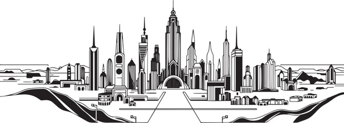 Futuristic cityscape. Hand drawn vector illustration	