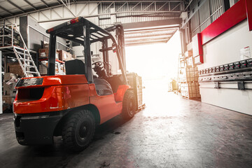 forklift truck in warehouse storage area wide angle view for industry cargo shipping logistics industry background