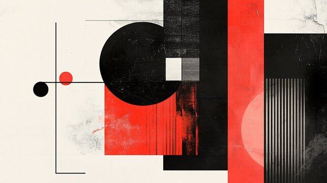 Abstract Geometric Composition in Black, Red, and White with Textured Elements