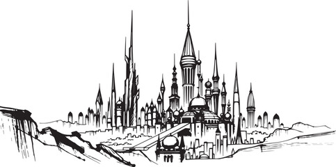 Fototapeta premium Futuristic cityscape. Hand drawn vector illustration 