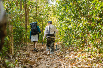 Hiker hiking trail journey, Trekking hike adventure, Walking lifestyles activity.