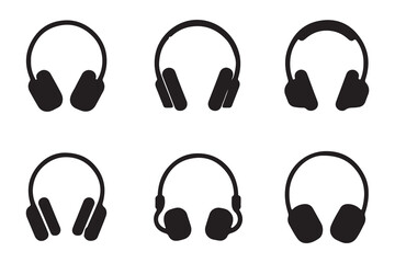 Headphone icon set: Collection of black headphone illustration on white