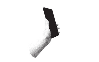 hand with a smartphone. cut out collage element stipple noise hand gesture. Vector illustration in a modern collage style. Empty phone screen for marketing poster design .