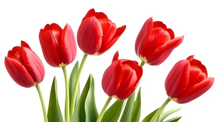 Obraz premium Five vibrant red tulips with green stems and leaves against a stark white background, showcasing their elegant, cup-shaped blooms